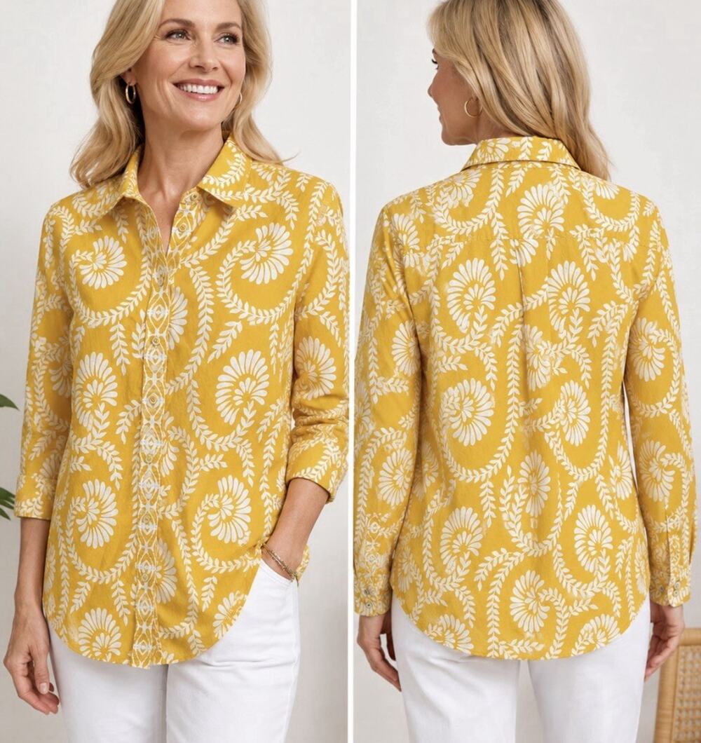 Talbots Women’s Golden Yellow/Ivory Modern Classic Shirts Size Large Petite